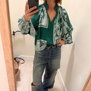 Tibi green and white blouse with zipper closure, size XS